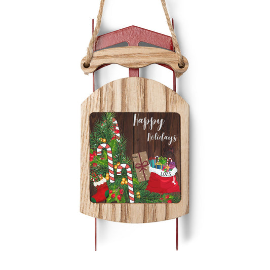 Gray Sled Ornaments Happy Holidays