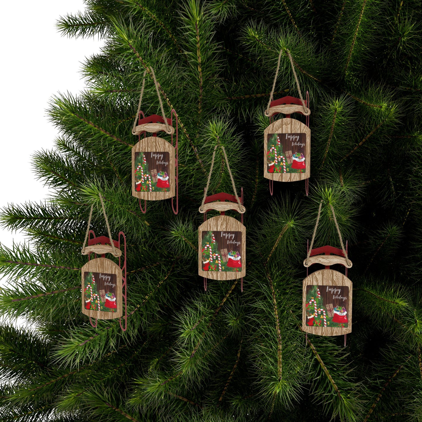 Gray Sled Ornaments Happy Holidays