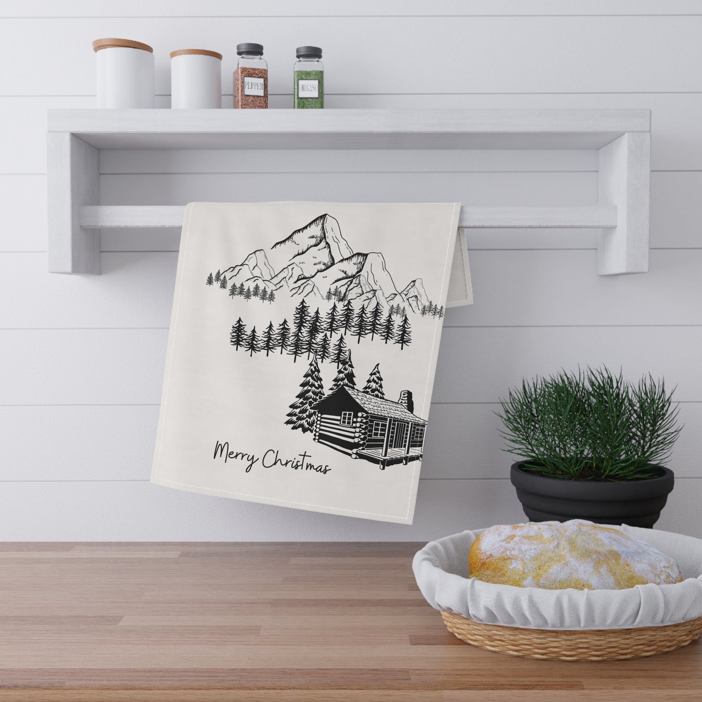 Rustic Christmas Tea Towel with Santa Sleigh | Cabin Mountain Holiday Kitchen Decor | Winter Cabin Cotton Towel | Christmas Gift