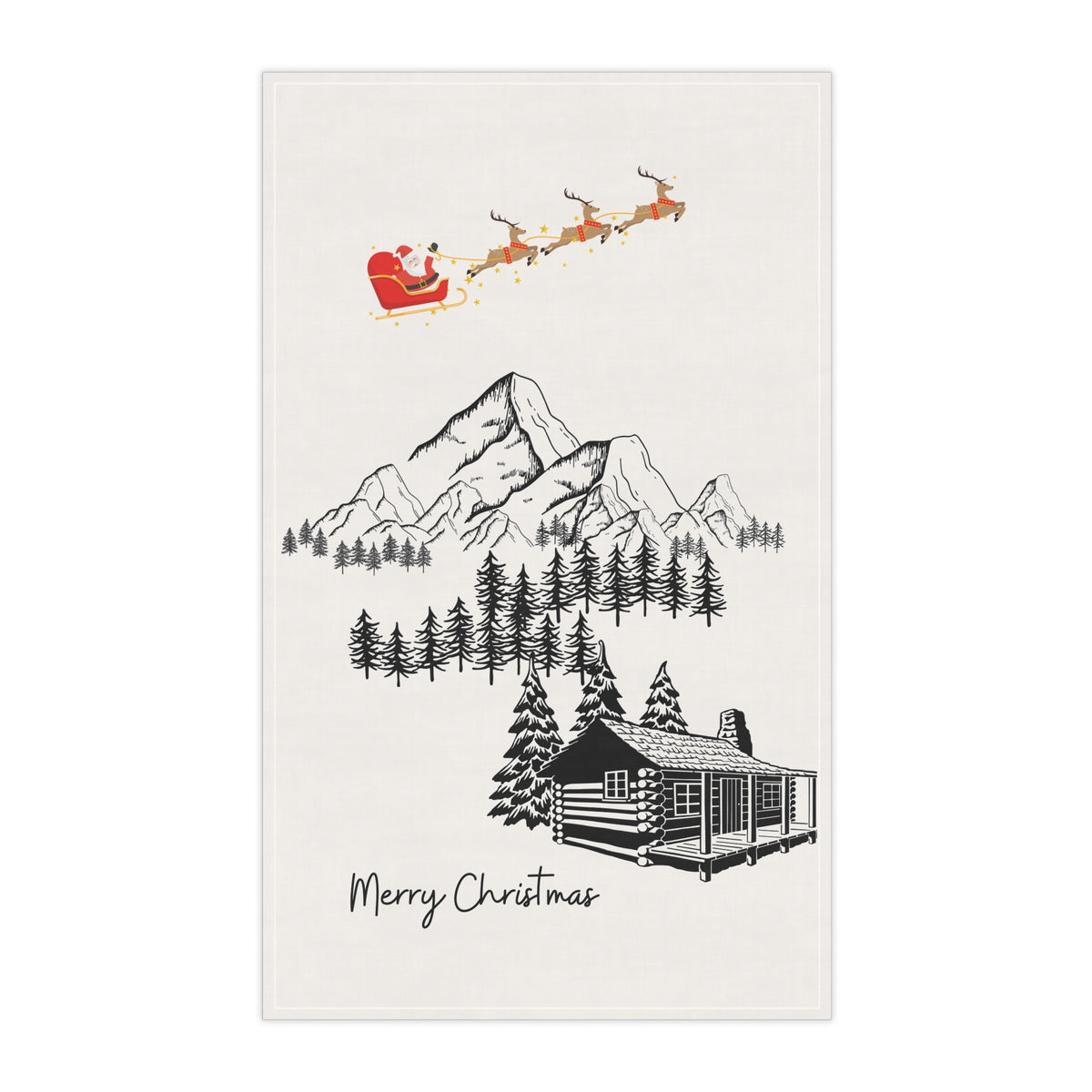 Rustic Christmas Tea Towel with Santa Sleigh | Cabin Mountain Holiday Kitchen Decor | Winter Cabin Cotton Towel | Christmas Gift