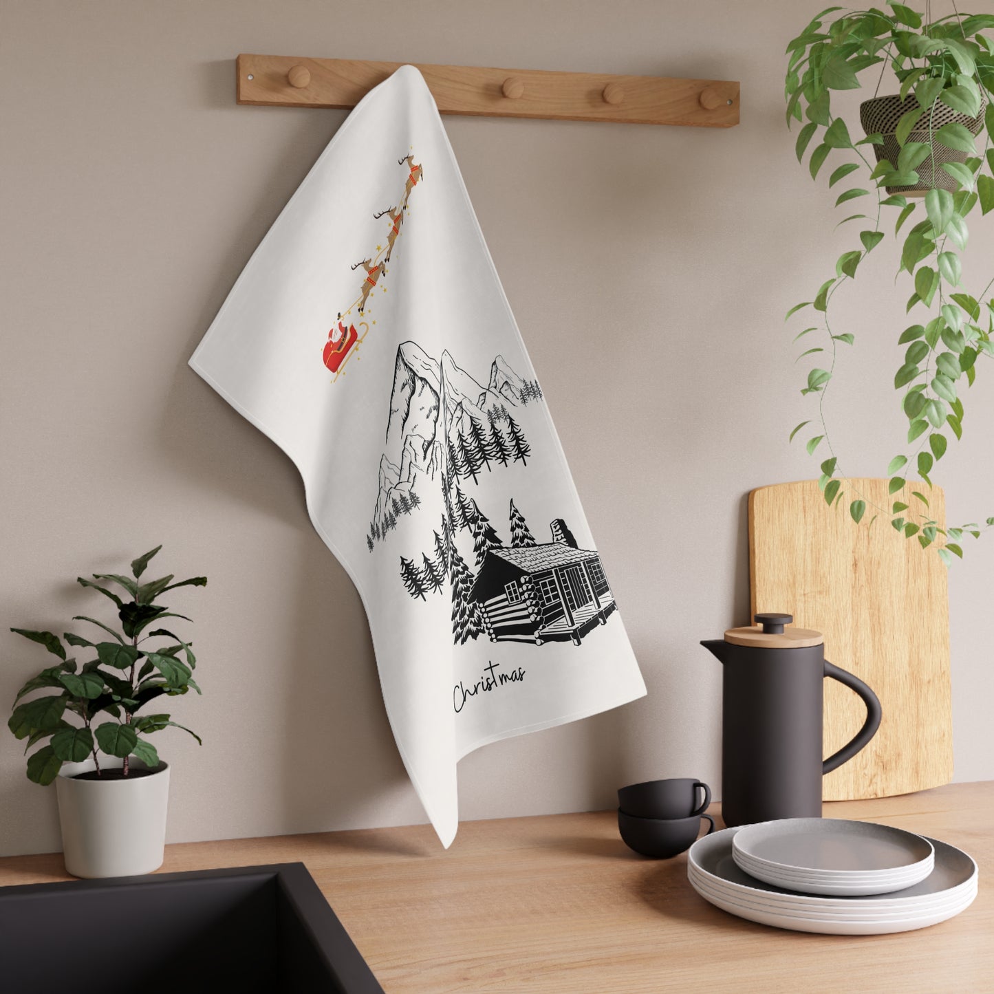 Rustic Christmas Tea Towel with Santa Sleigh | Cabin Mountain Holiday Kitchen Decor | Winter Cabin Cotton Towel | Christmas Gift