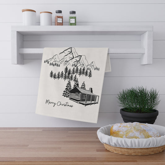 Rustic Christmas Tea Towel with Santa Sleigh | Cabin Mountain Holiday Kitchen Decor | Winter Cabin Cotton Towel | Christmas Gift