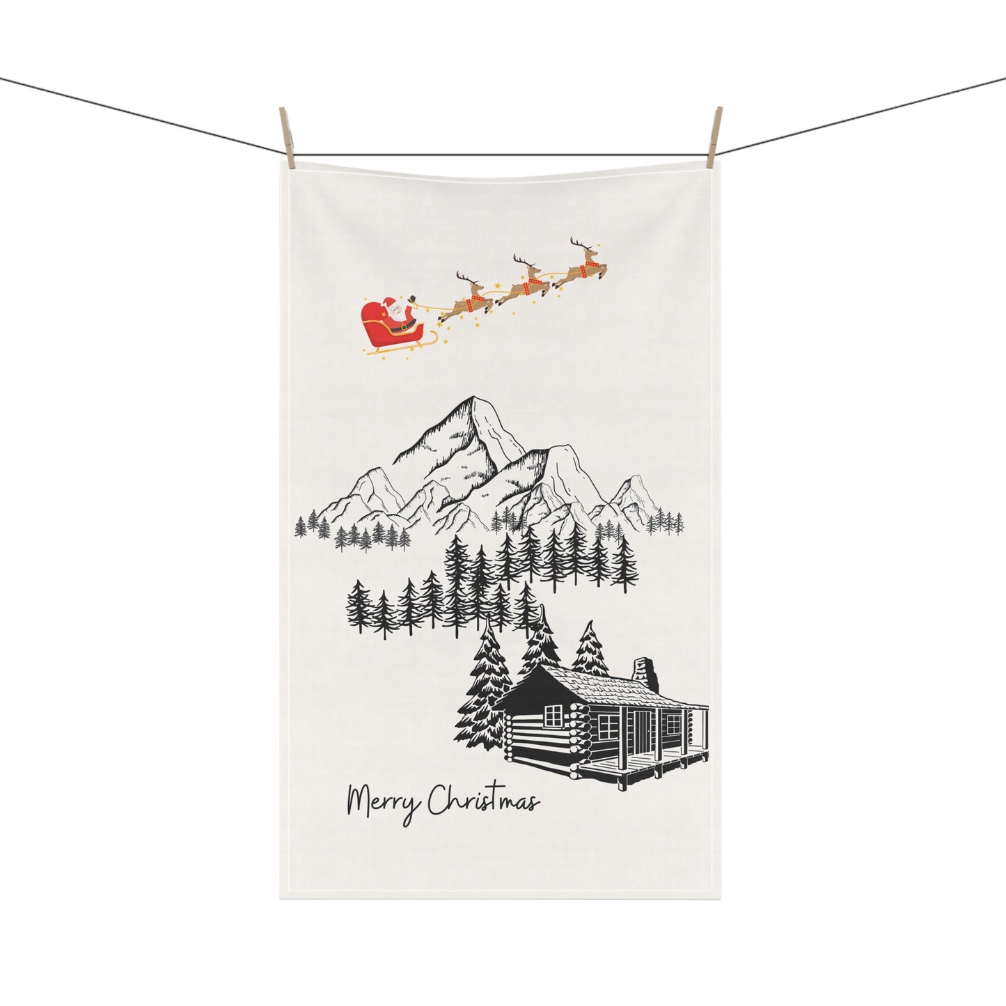Rustic Christmas Tea Towel with Santa Sleigh | Cabin Mountain Holiday Kitchen Decor | Winter Cabin Cotton Towel | Christmas Gift