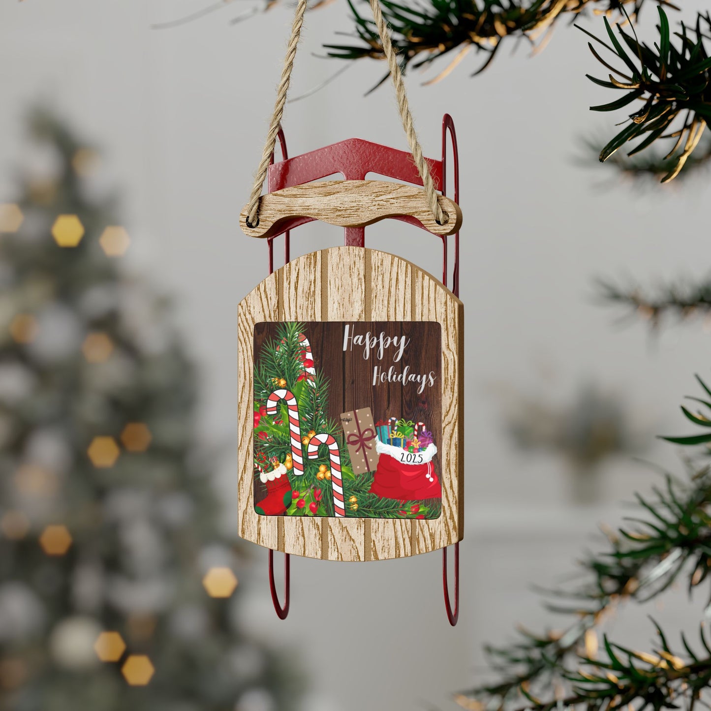Gray Sled Ornaments Happy Holidays