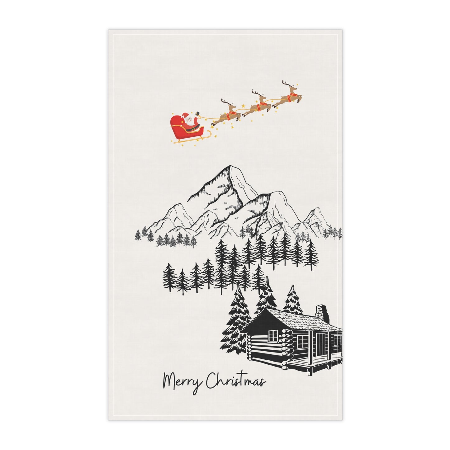 Rustic Christmas Tea Towel with Santa Sleigh | Cabin Mountain Holiday Kitchen Decor | Winter Cabin Cotton Towel | Christmas Gift