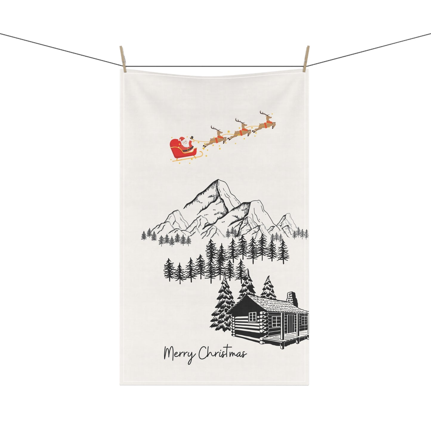 Rustic Christmas Tea Towel with Santa Sleigh | Cabin Mountain Holiday Kitchen Decor | Winter Cabin Cotton Towel | Christmas Gift