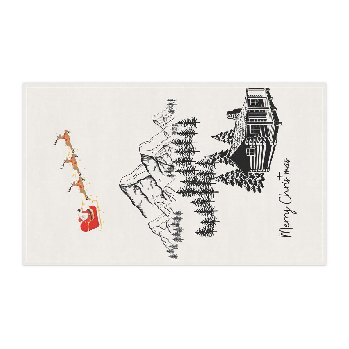 Rustic Christmas Tea Towel with Santa Sleigh | Cabin Mountain Holiday Kitchen Decor | Winter Cabin Cotton Towel | Christmas Gift