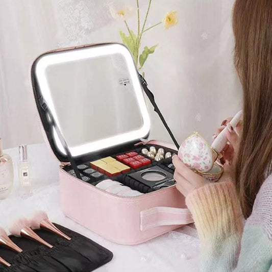 Portable Cosmetic Storage Case with LED Lit Mirror, Waterproof, PU Leather. Great for Travel.