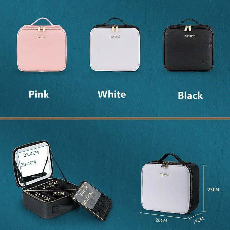 Portable Cosmetic Storage Case with LED Lit Mirror, Waterproof, PU Leather. Great for Travel.