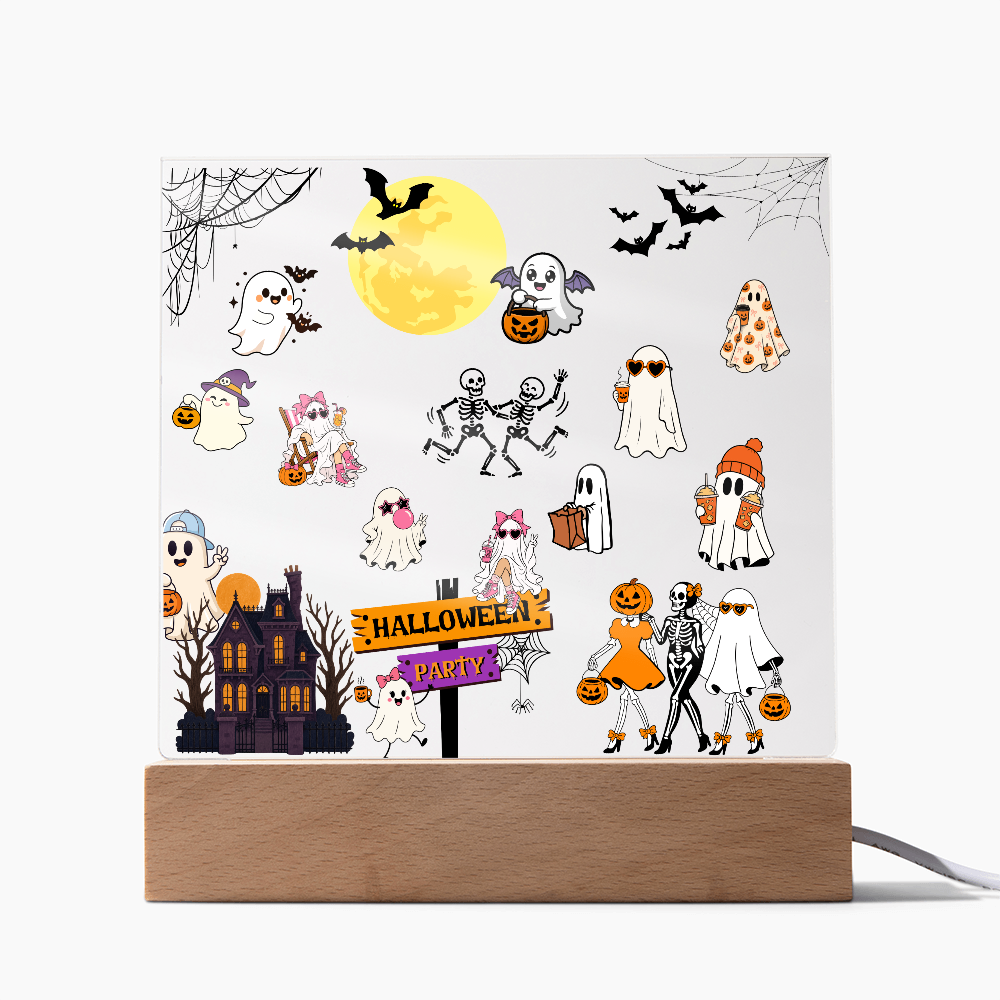 Halloween Party Acrylic LED Night Light Wooen Base Square Plaque