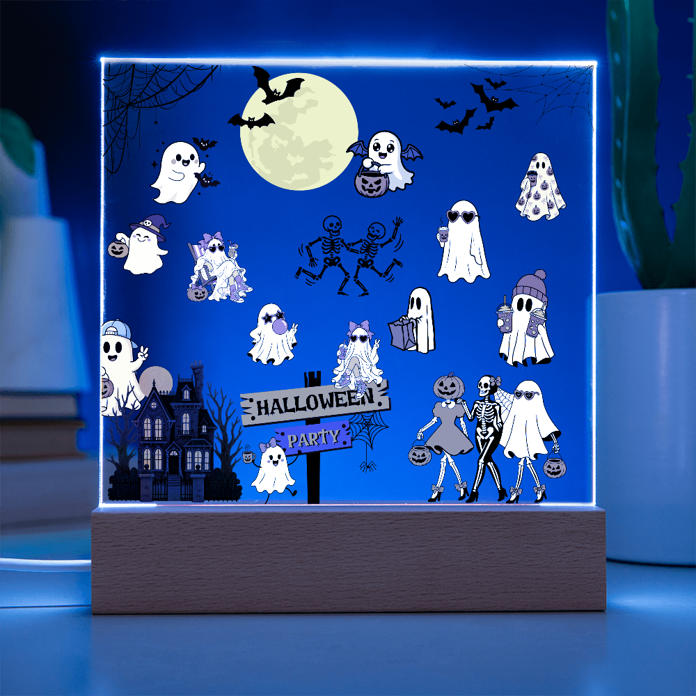 Halloween Party Acrylic LED Night Light Wooen Base Square Plaque
