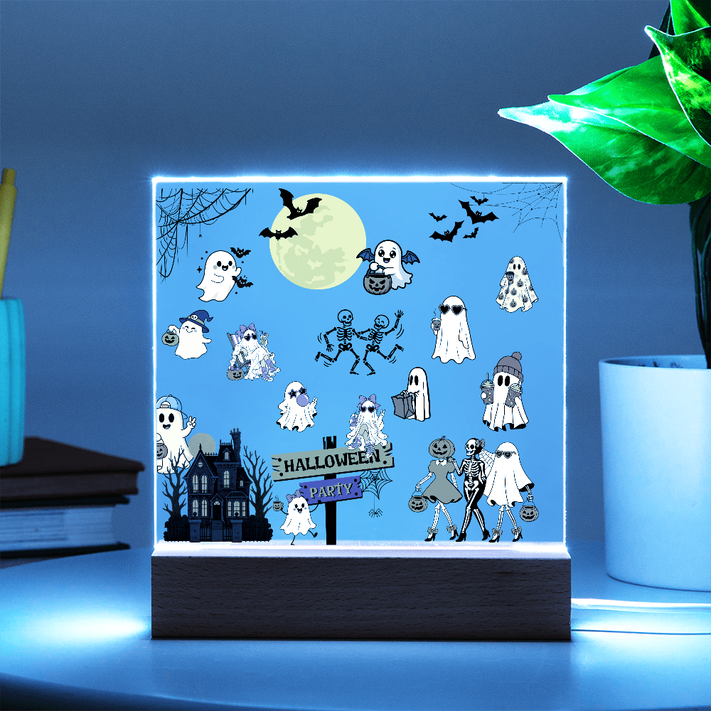 Halloween Party Acrylic LED Night Light Wooen Base Square Plaque