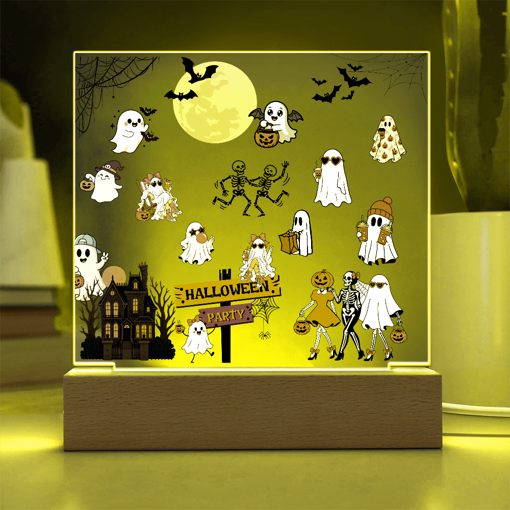 Halloween Party Acrylic LED Night Light Wooen Base Square Plaque