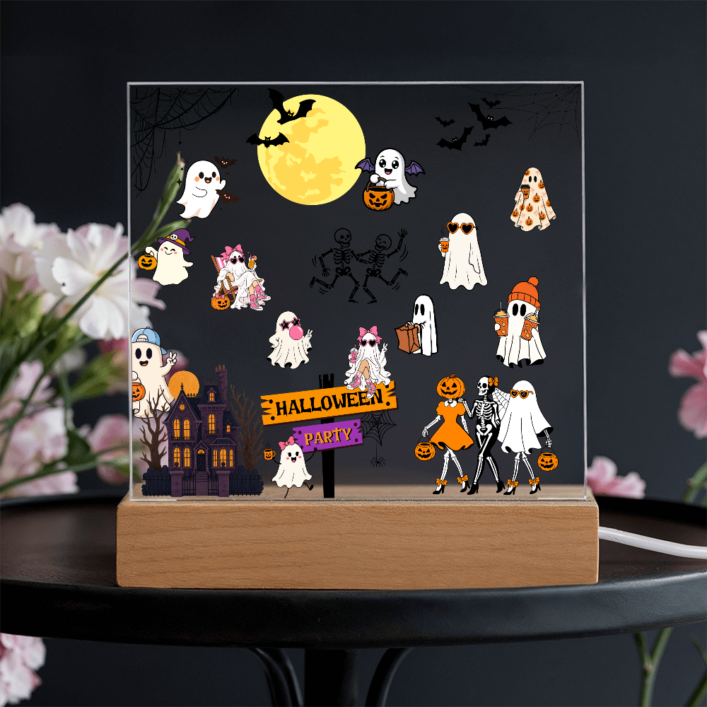Halloween Party Acrylic LED Night Light Wooen Base Square Plaque