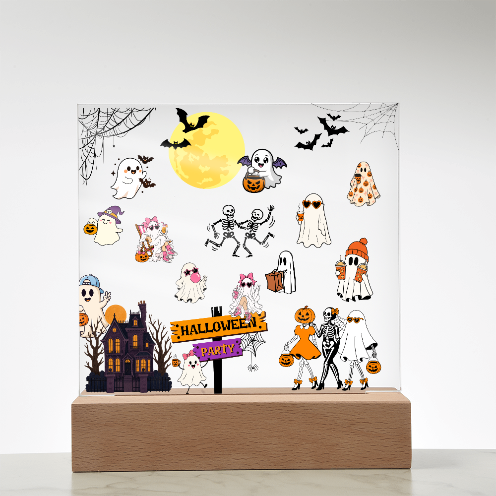 Halloween Party Acrylic LED Night Light Wooen Base Square Plaque