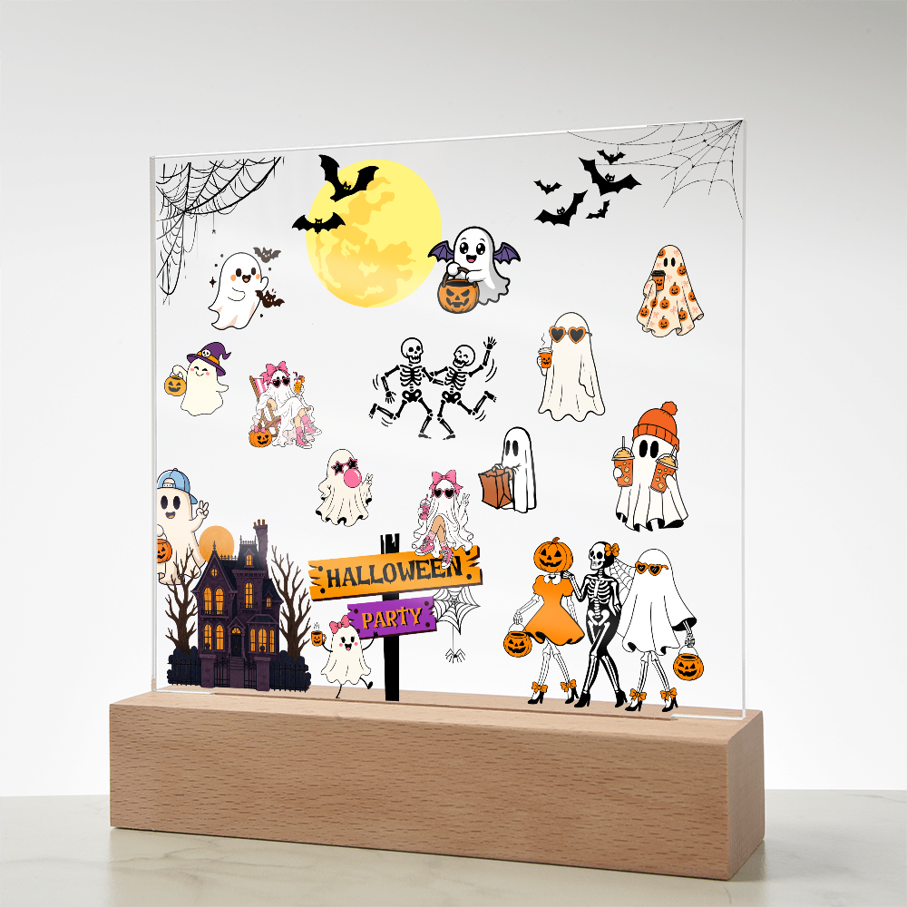 Halloween Party Acrylic LED Night Light Wooen Base Square Plaque