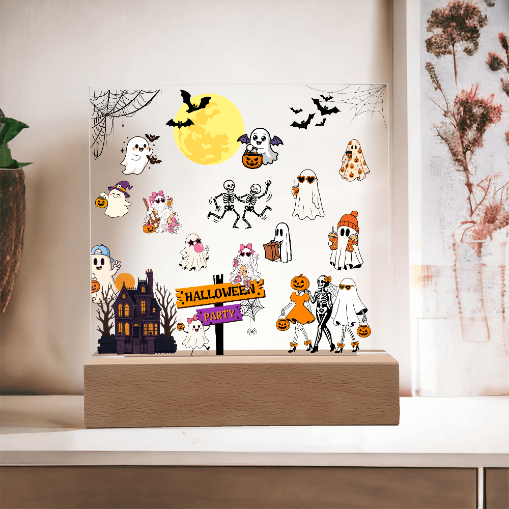 Halloween Party Acrylic LED Night Light Wooen Base Square Plaque