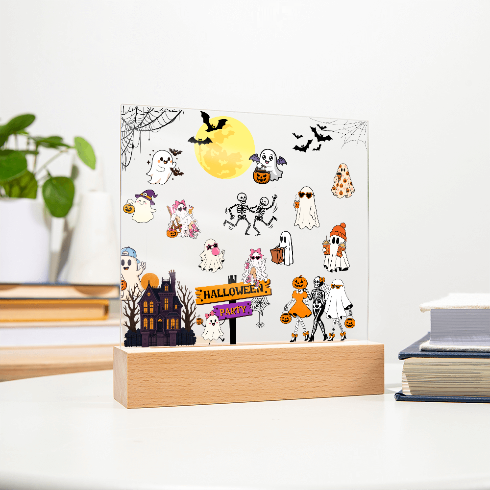 Halloween Party Acrylic LED Night Light Wooen Base Square Plaque