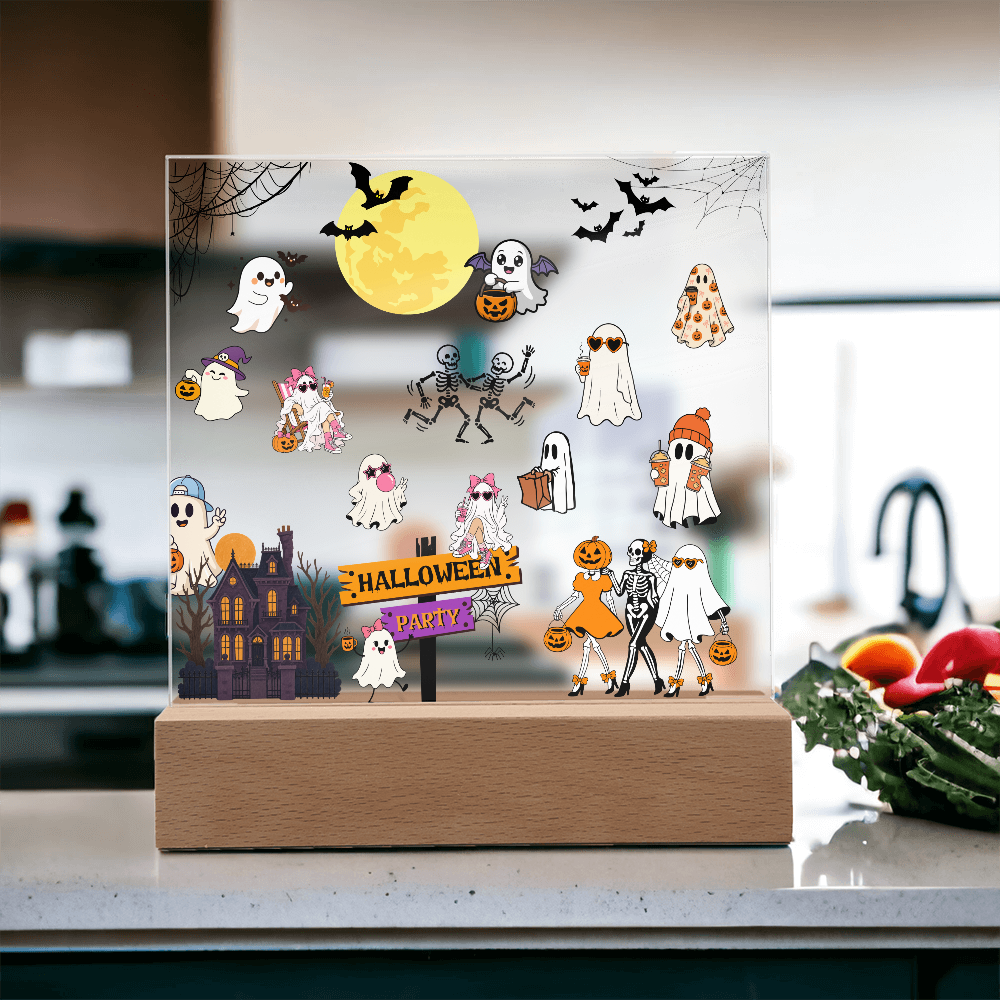 Halloween Party Acrylic LED Night Light Wooen Base Square Plaque