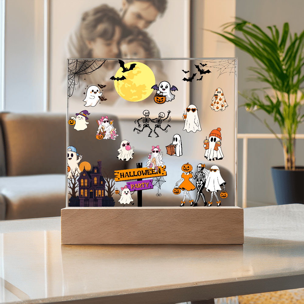 Halloween Party Acrylic LED Night Light Wooen Base Square Plaque