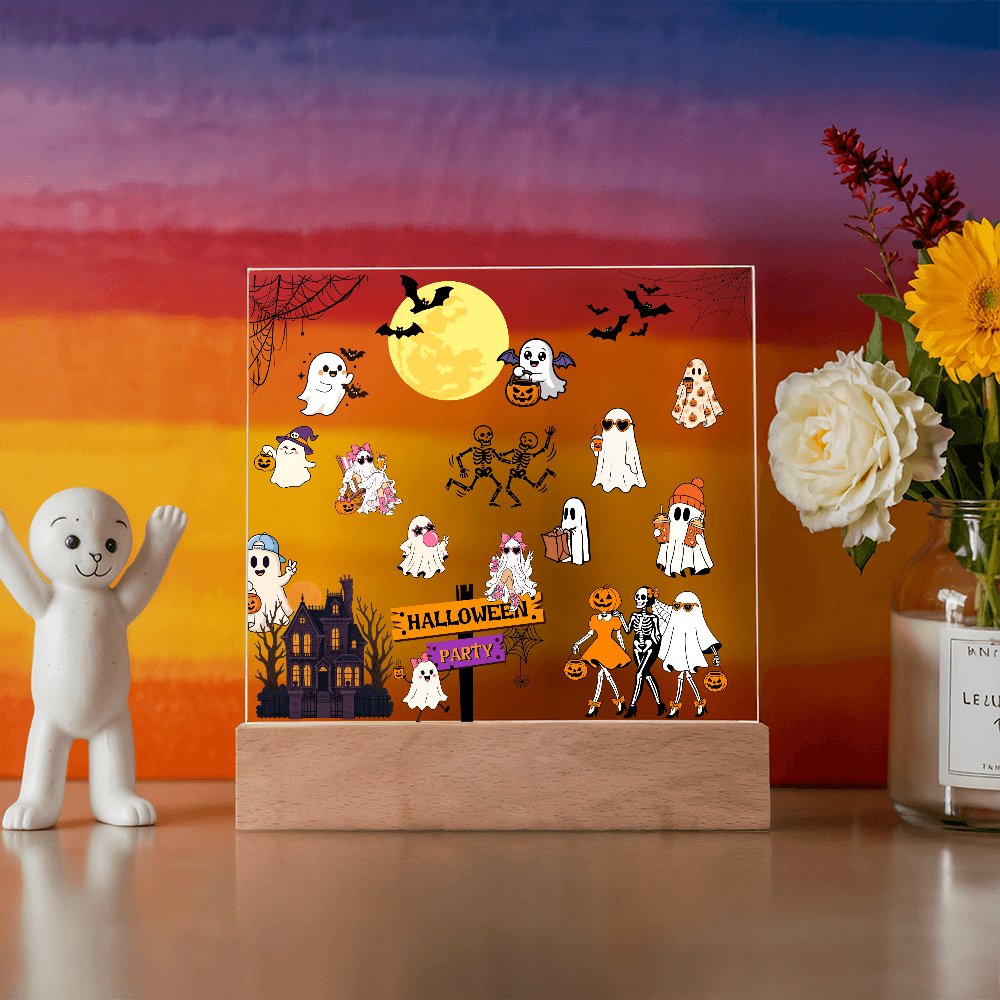 Halloween Party Acrylic LED Night Light Wooen Base Square Plaque