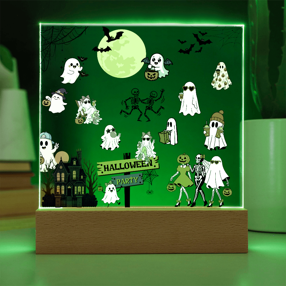 Halloween Party Acrylic LED Night Light Wooen Base Square Plaque