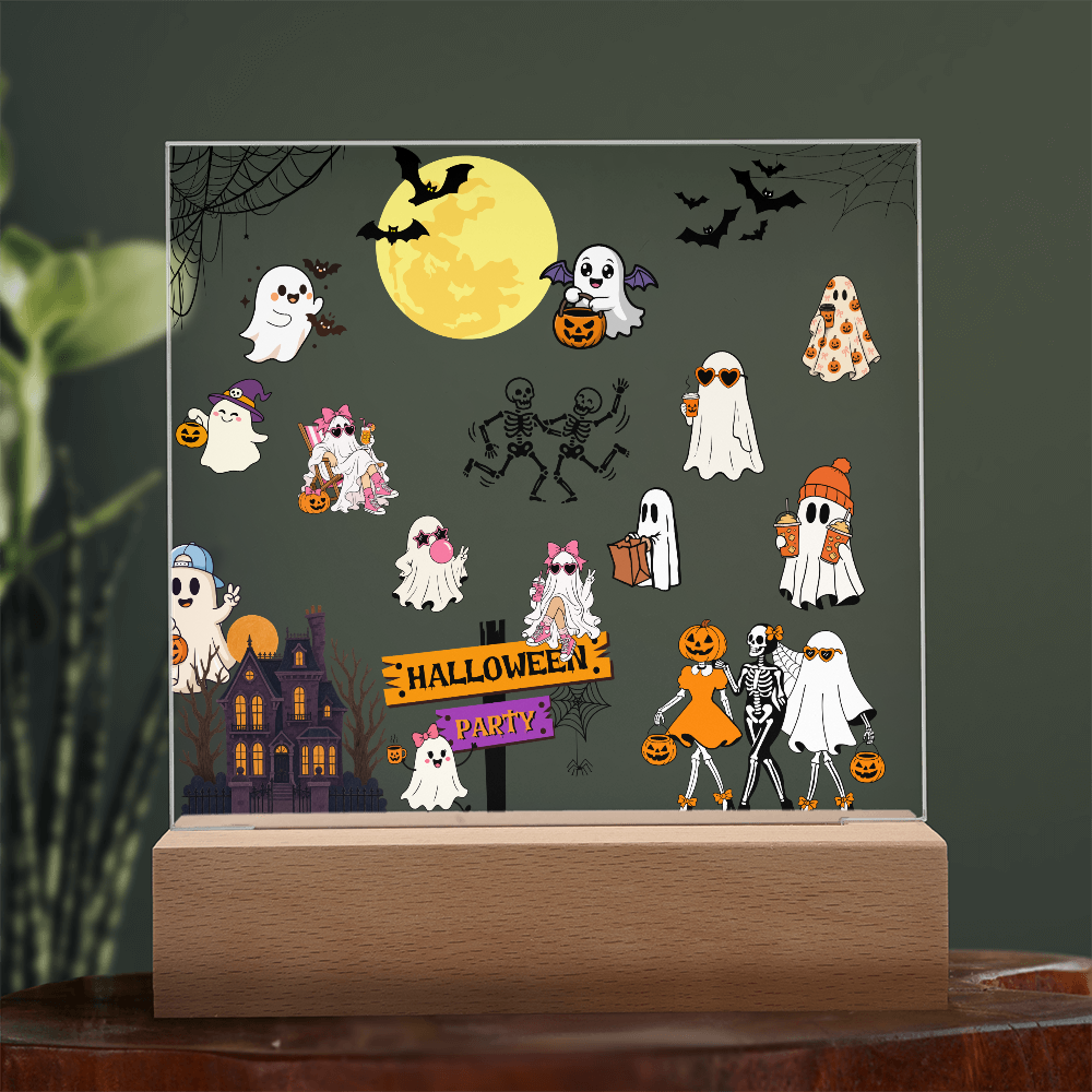 Halloween Party Acrylic LED Night Light Wooen Base Square Plaque