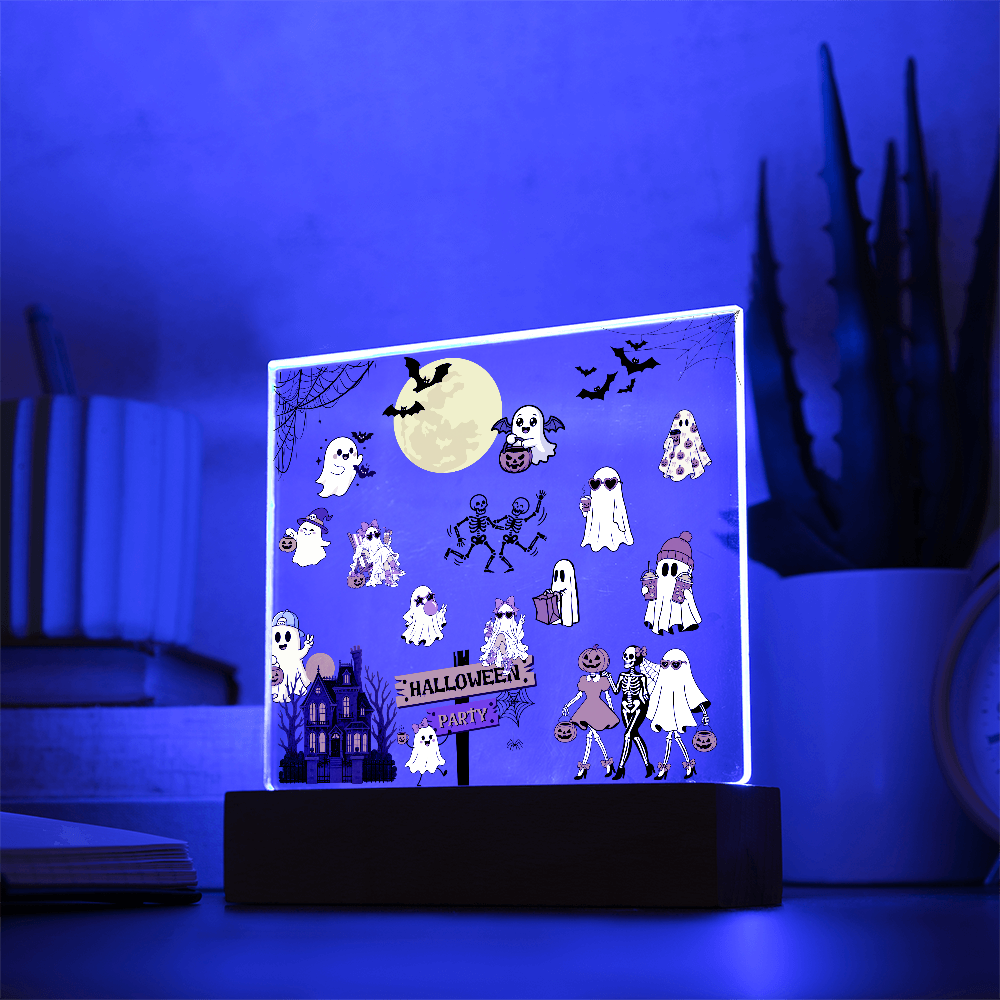 Halloween Party Acrylic LED Night Light Wooen Base Square Plaque