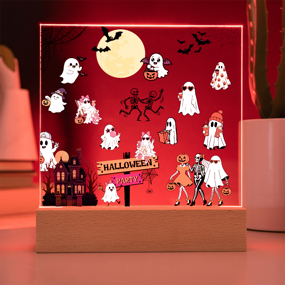 Halloween Party Acrylic LED Night Light Wooen Base Square Plaque