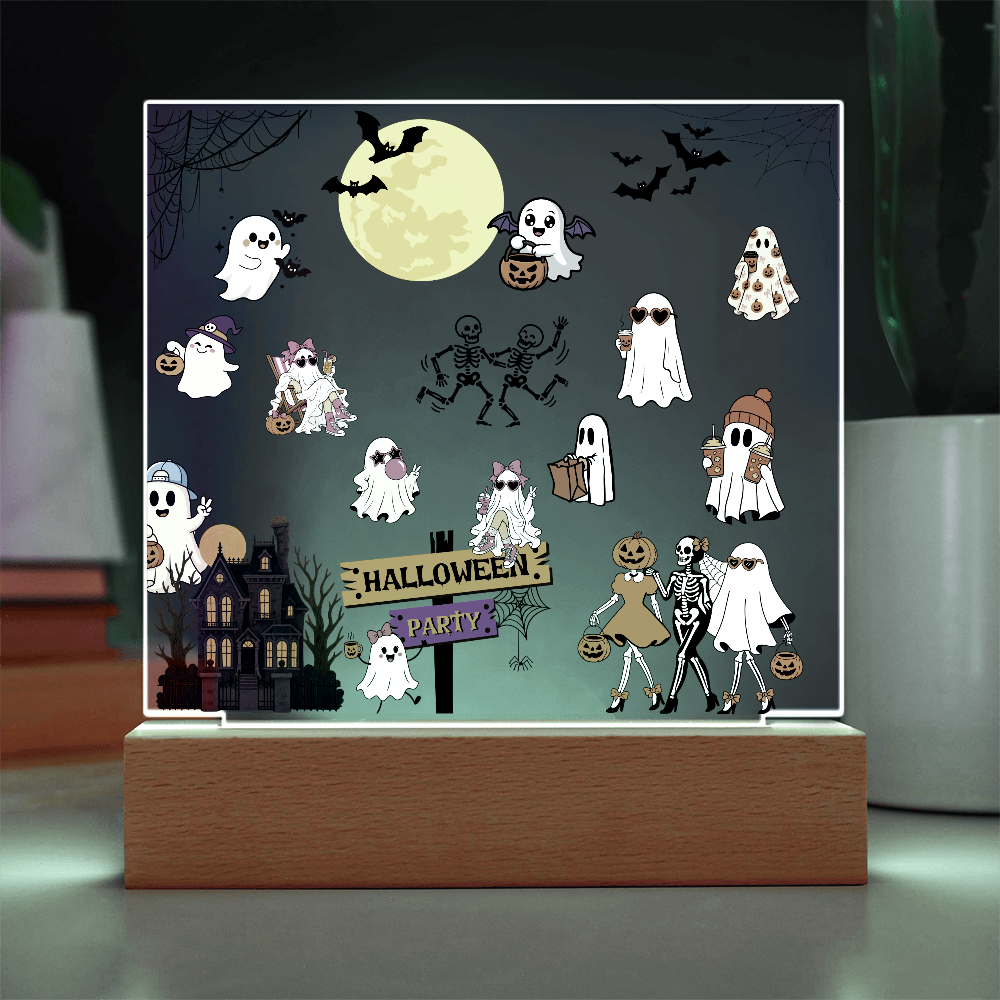 Halloween Party Acrylic LED Night Light Wooen Base Square Plaque